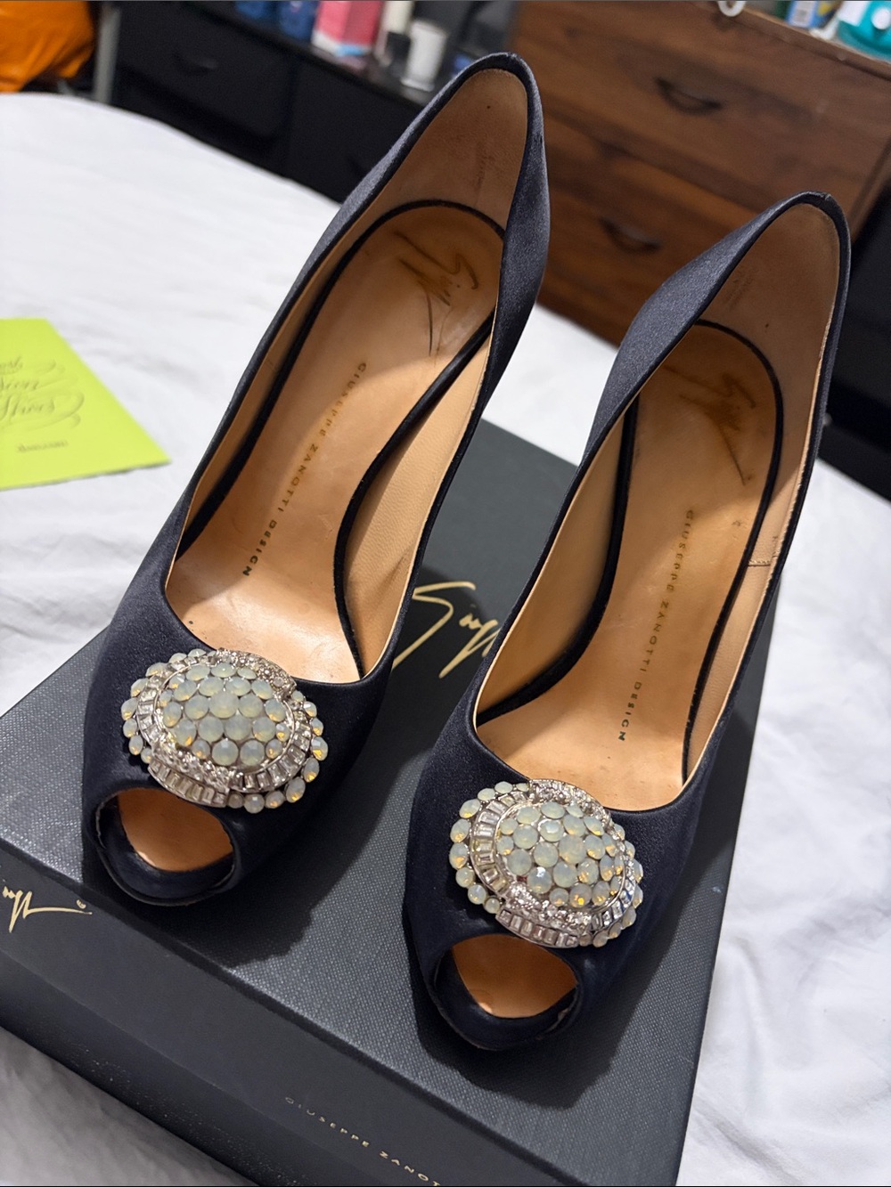 Giuseppe Zanotti Black Satin Peep-Toe Heels with Opalescent Jewel Accent with